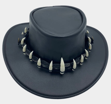 Jacaru 112 Lightning Jack Leather Hat - 11 Real Crocodile Teeth Hatband (Water Resistant UPF 50+ Made in Australia)