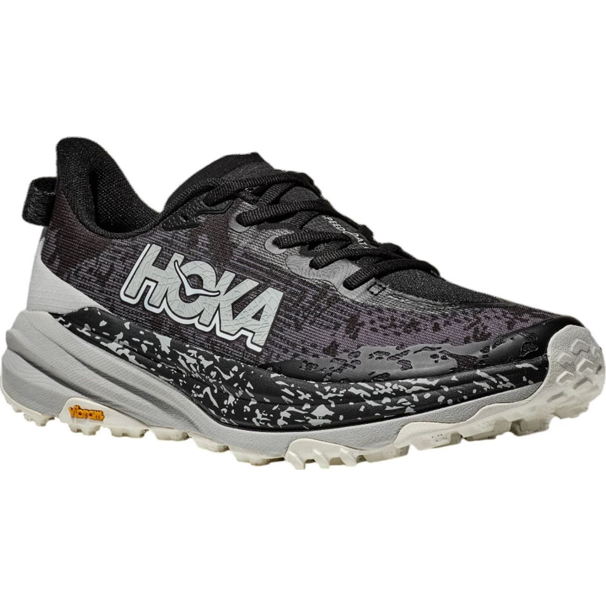 Hoka Speedgoat 6 Men’s Trail Running Shoes Vibram Megagrip CMEVA in Black/Stardust - US 10