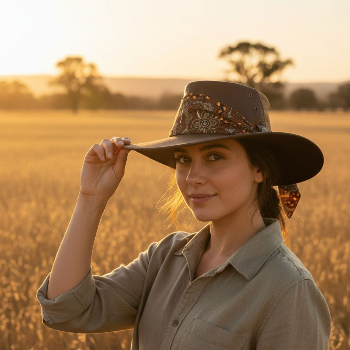 Jacaru 1152 Womens Kangaroo Leather Breeze Hat - Mesh Crown & Aboriginal Scarf (Made in Australia)