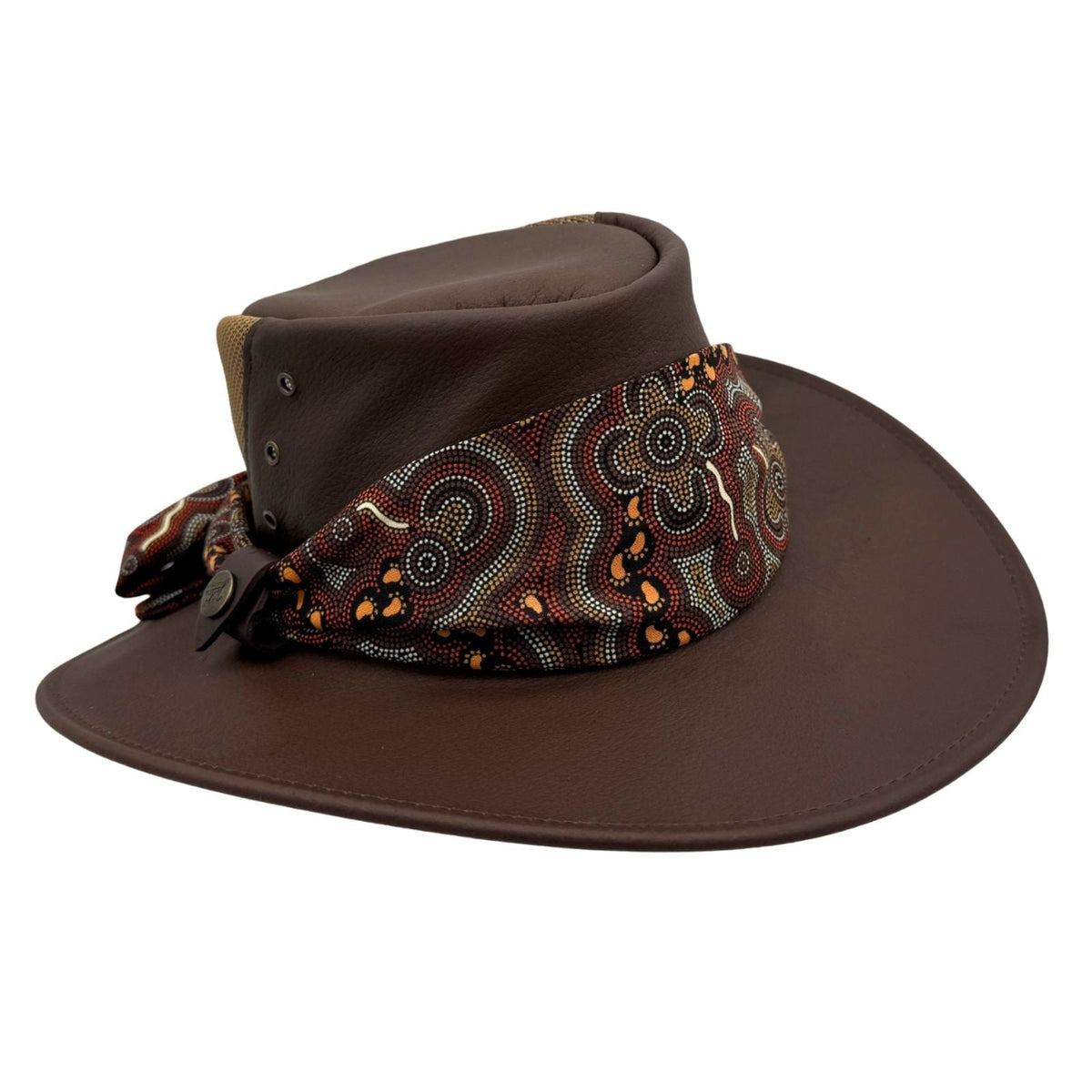 Jacaru 1152 Womens Kangaroo Leather Breeze Hat - Mesh Crown & Aboriginal Scarf (Made in Australia)