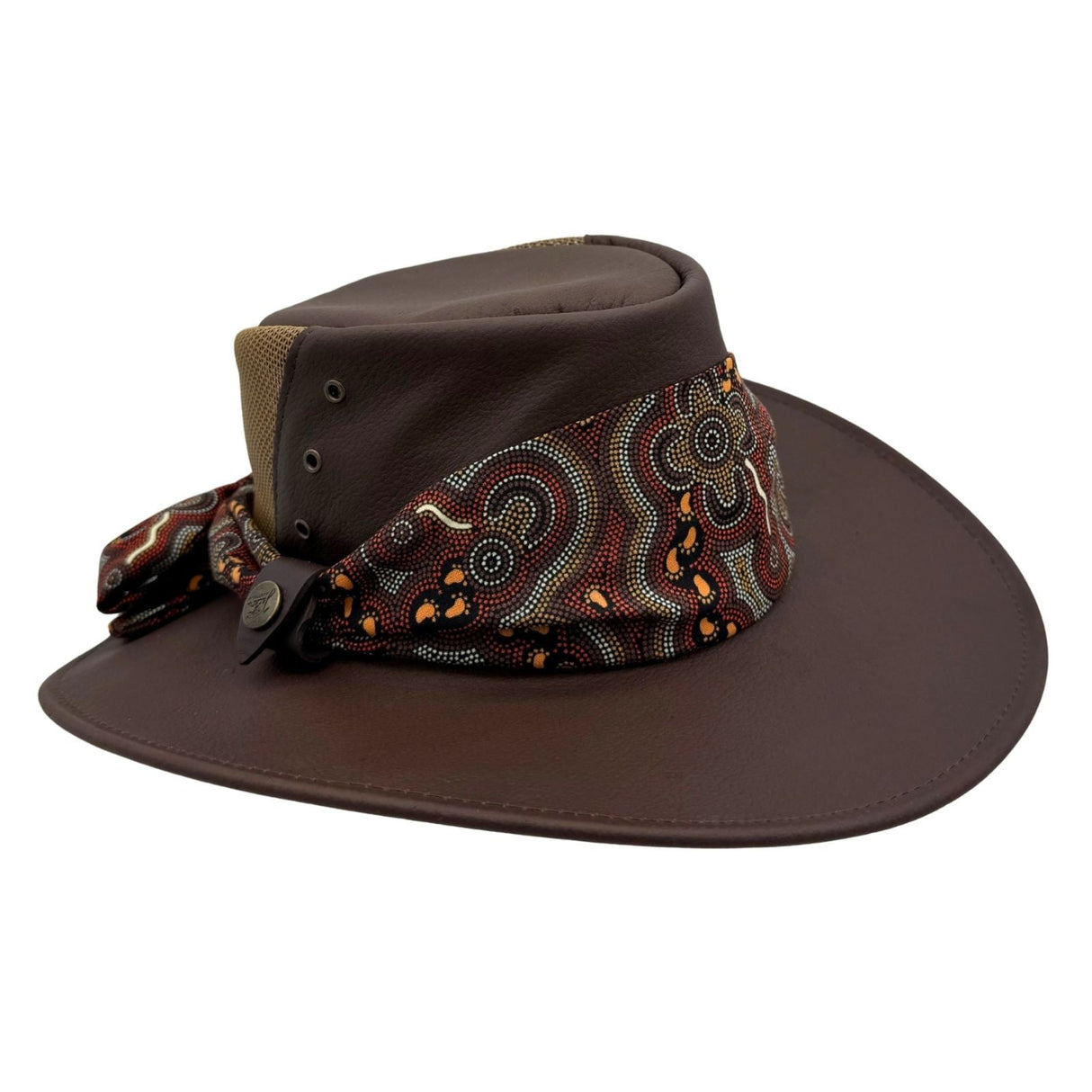 Jacaru 1152 Womens Kangaroo Leather Breeze Hat - Mesh Crown & Aboriginal Scarf (Made in Australia)