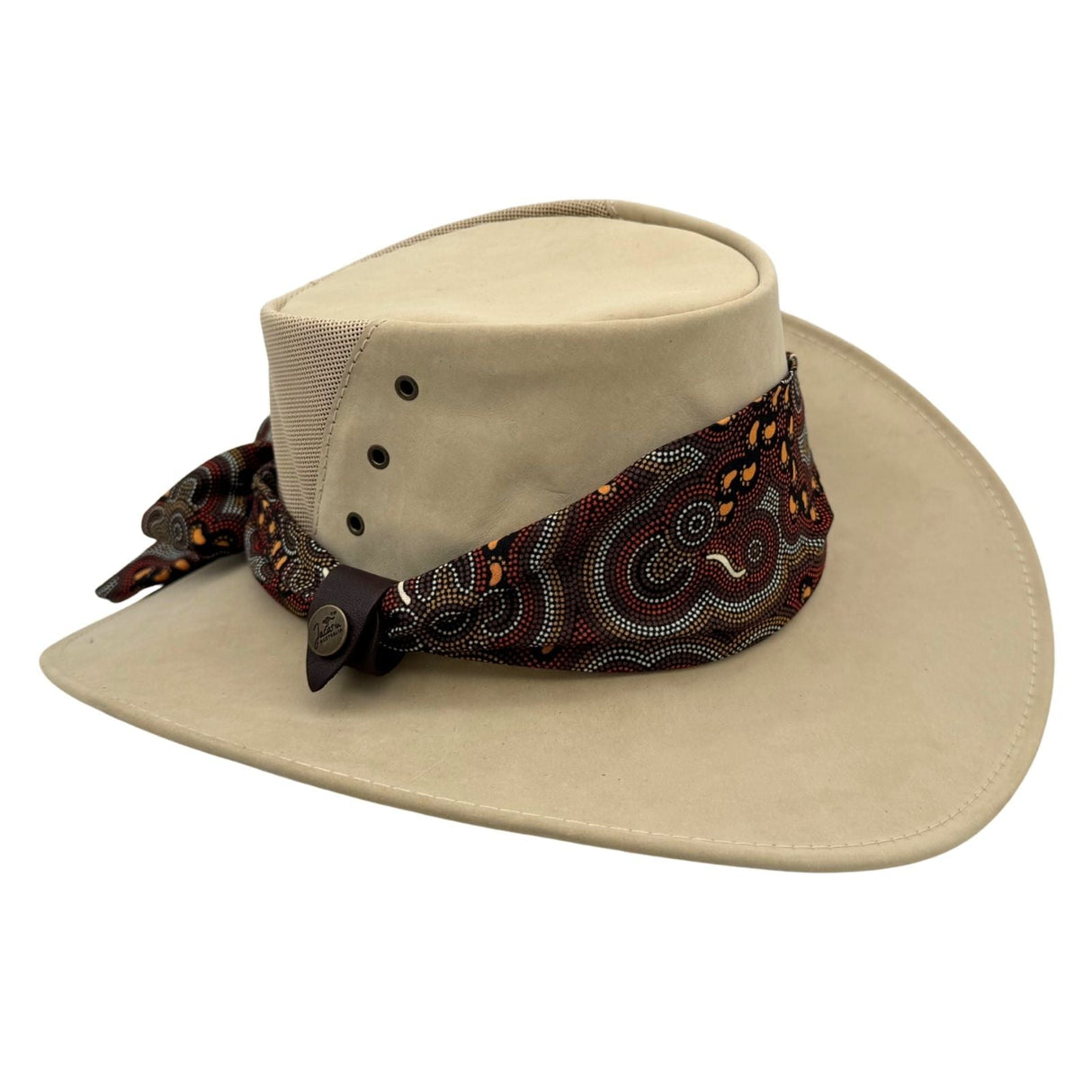 Jacaru 1152 Womens Kangaroo Leather Breeze Hat - Mesh Crown & Aboriginal Scarf (Made in Australia)