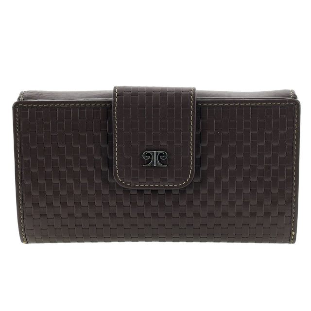 Pierre Cardin Woven Leather Long Wallet - Steel Brown (Snap Closure & RFID Protection)
