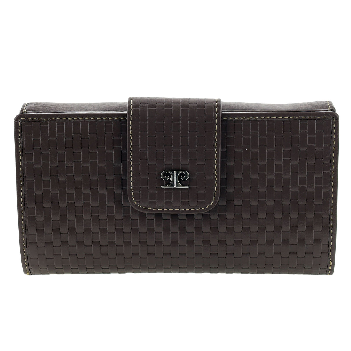 Pierre Cardin Woven Leather Long Wallet - Steel Brown (Snap Closure & RFID Protection)