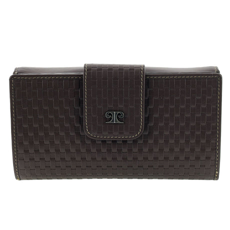 Pierre Cardin Woven Leather Long Wallet - Steel Brown (Snap Closure & RFID Protection)