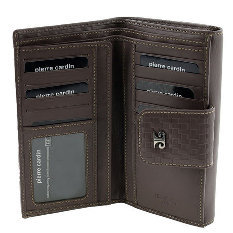 Pierre Cardin Woven Leather Long Wallet - Steel Brown (Snap Closure & RFID Protection)