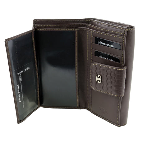 Pierre Cardin Woven Leather Long Wallet - Steel Brown (Snap Closure & RFID Protection)