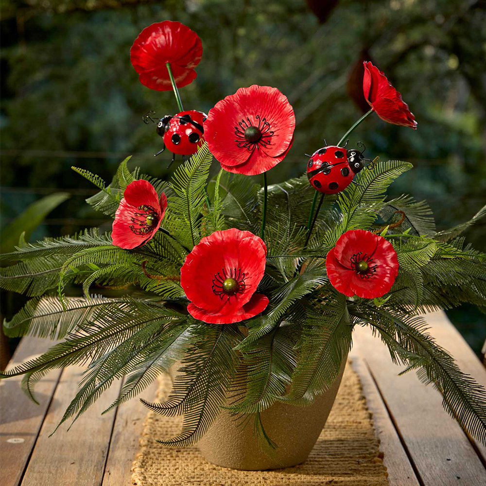 3pc Garden Metal 49/75/90cm Stake Poppy Flower Outdoor Decor - Red