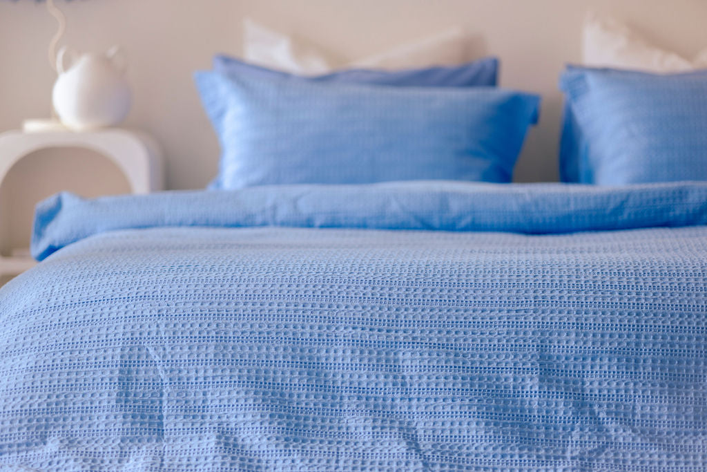 100% Cotton Jacquard Waffle Duvet Quilt Cover Set w/ Pillow Cases - Blue Bell