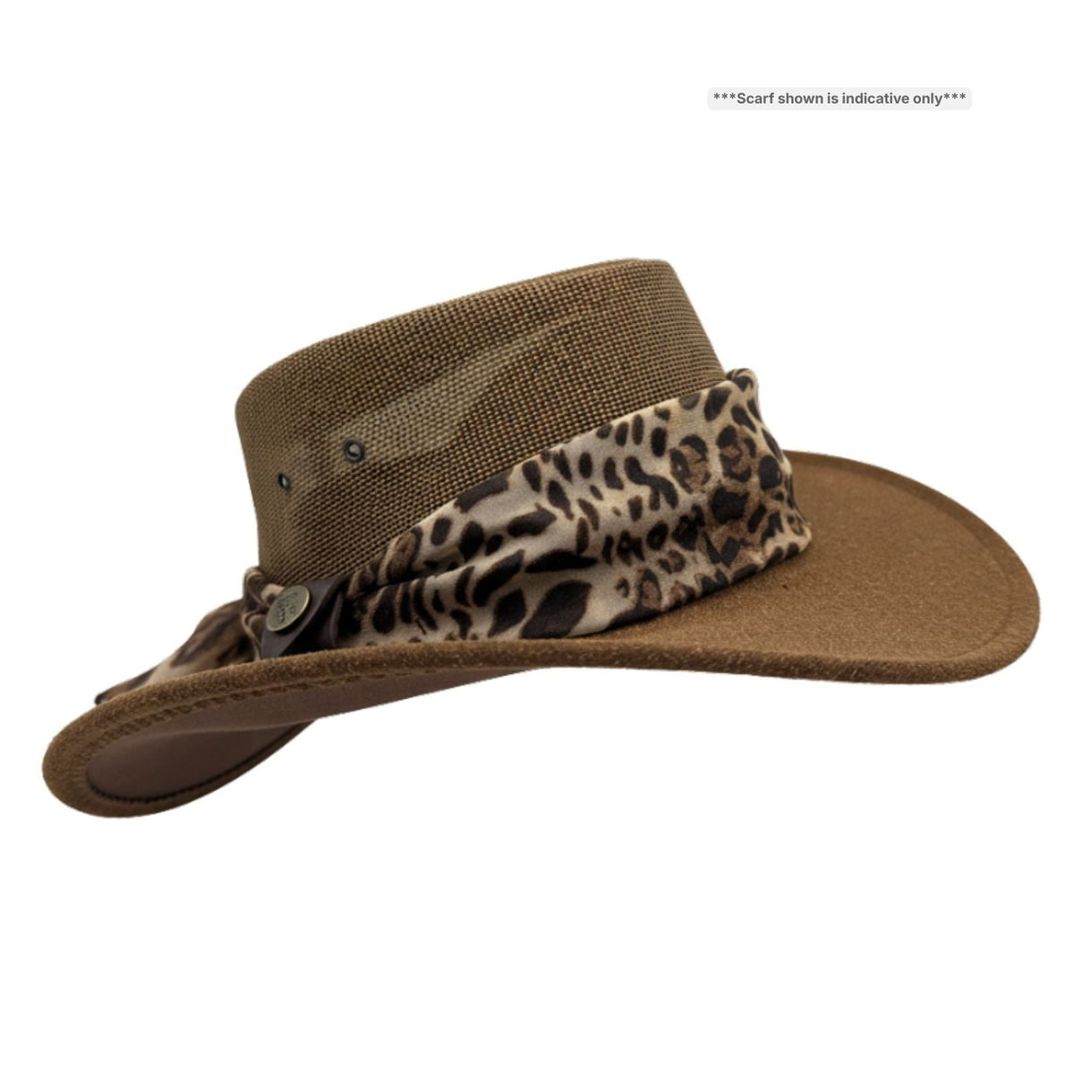 Jacaru 1023 Horizon Womens Vegan Leather Breeze Hat with Scarf - Mesh Crown (Made in Australia)