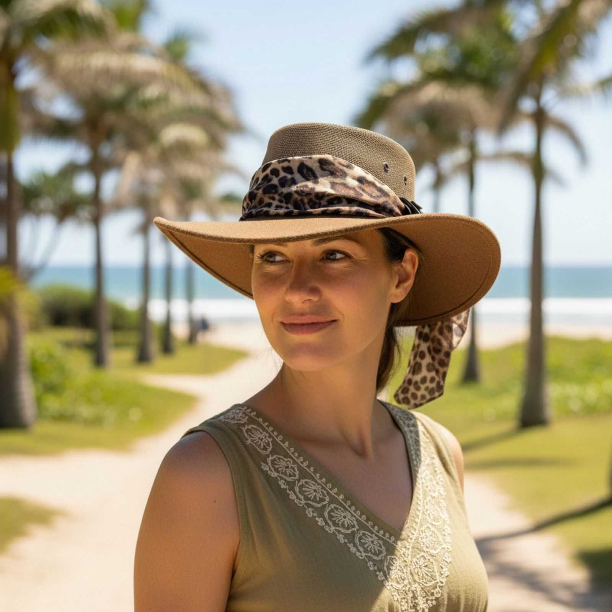 Jacaru 1023 Horizon Womens Vegan Leather Breeze Hat with Scarf - Mesh Crown (Made in Australia)