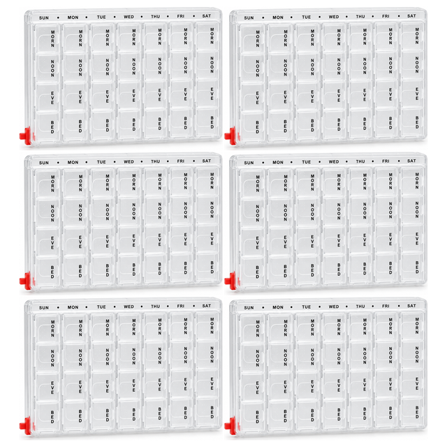 6x 7-Day Weekly Pill Box Bulk Pack - Clear Medicine/Vitamin Tablet Storage Case Container