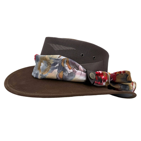Jacaru 1022 Shady Lady Womens Suede Leather Breeze Hat - Mesh Crown & Chiffon Scarf (Made in Australia) - Brown