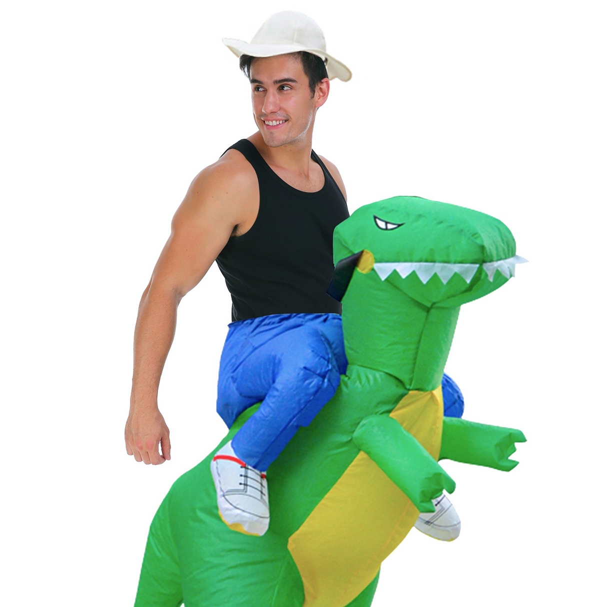 Adult Green Inflatable Dinosaur Costume w/ Hat & Air Fan - One Size (Halloween & Fancy Dress)