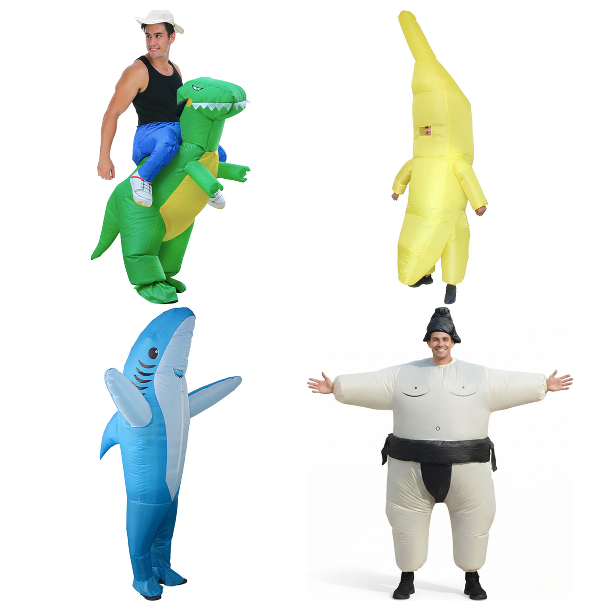 Funny Inflatable Group Costume Set - 4pc Dinosaur, Banana, Shark & Sumo (Halloween & Fancy Dress)