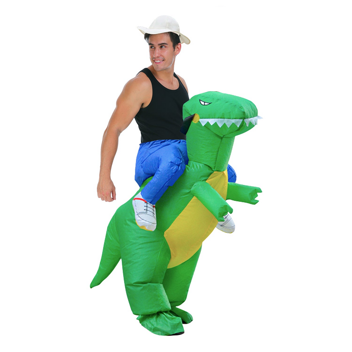 Adult Green Inflatable Dinosaur Costume w/ Hat & Air Fan - One Size (Halloween & Fancy Dress)