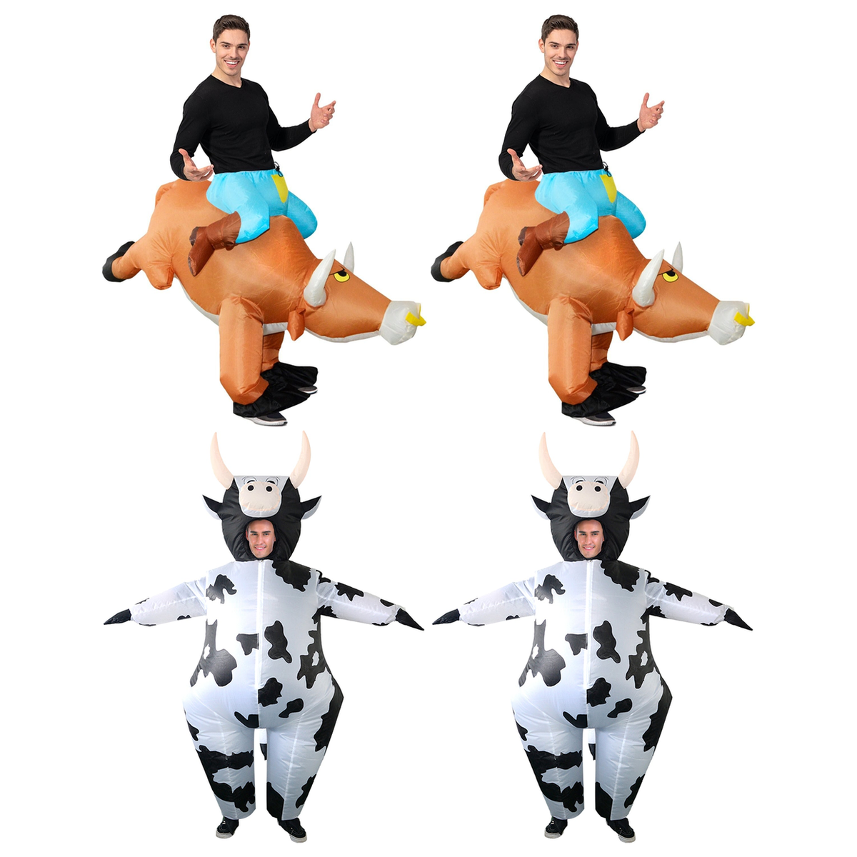 Rodeo Group Costume Set - 2x Inflatable Bull Rider + 2x Inflatable Milk Cow (Halloween & Fancy Dress)