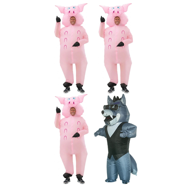 Three Little Pigs Group Costume Set - 3x Inflatable Pig + Inflatable Big Bad Wolf (Book Week & Halloween)