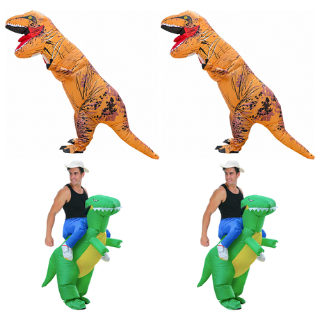 Jurassic Dinosaur Group Costume Set - 2x Inflatable Brown T-Rex + 2x Inflatable Green Dinosaur (Halloween & Fancy Dress)