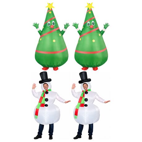 Christmas Group Costume Set - 2x Inflatable Christmas Tree + 2x Inflatable Snowman (Xmas Party)