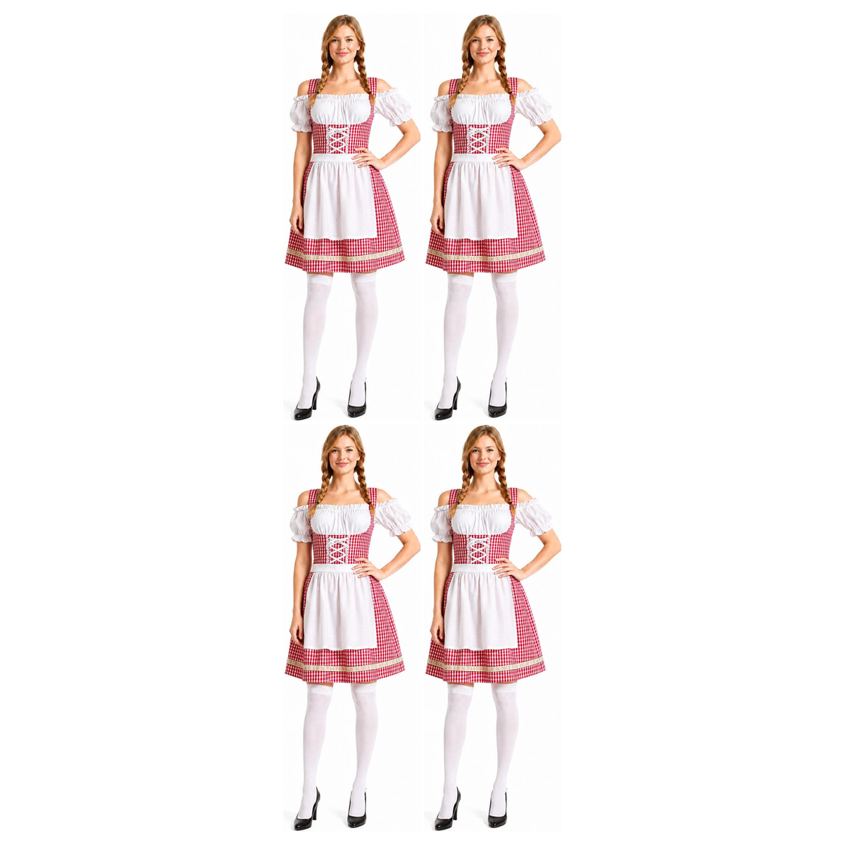 4x Womens Checkered Bavarian Lady Dirndl Beer Maid Costume Bulk Pack - Red (Oktoberfest Party)