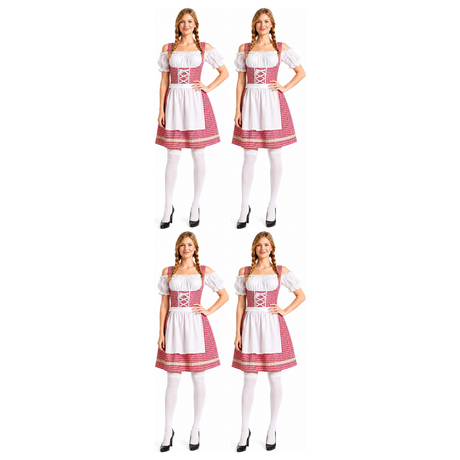 4x Womens Red Checkered Bavarian Lady Dirndl Beer Maid Group Costume Bulk Pack - Oktoberfest