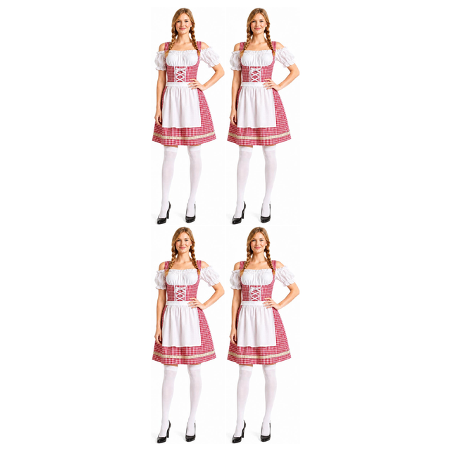 4x Womens Checkered Bavarian Lady Dirndl Beer Maid Costume Bulk Pack - Red (Oktoberfest Party)