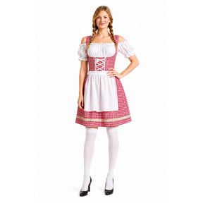 Womens Checkered Bavarian Lady Beer Maid Costume - Red (Oktoberfest Party)