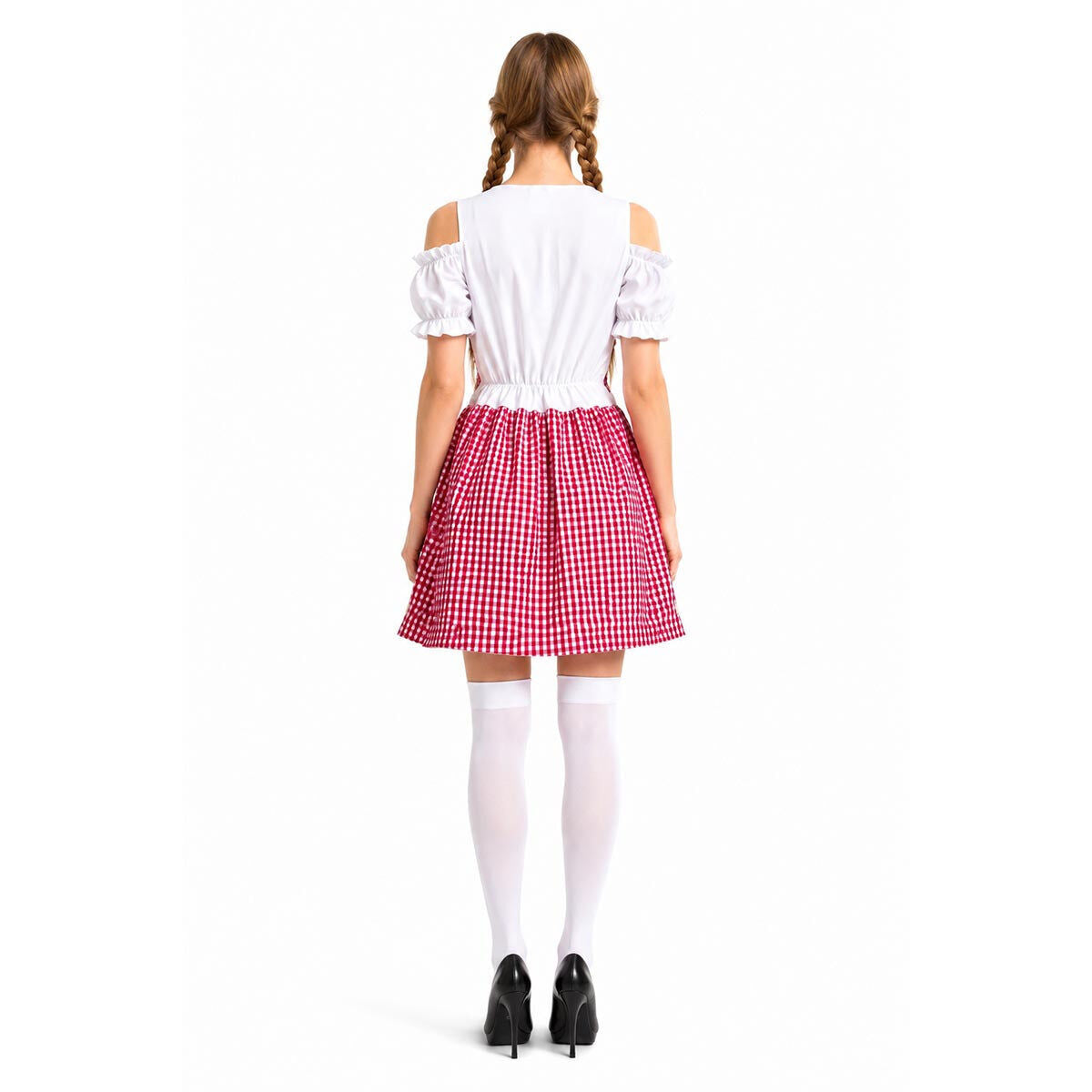 Womens Checkered Bavarian Lady Beer Maid Costume - Red (Oktoberfest Party)