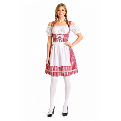 Womens Checkered Bavarian Lady Dirndl Beer Maid Costume - Red (Oktoberfest Party)