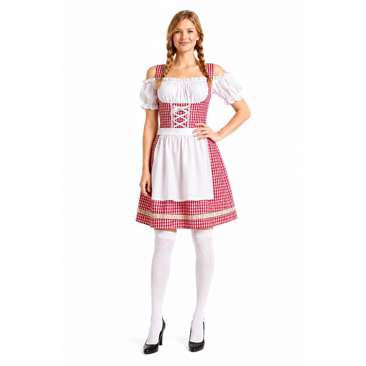Womens Checkered Bavarian Lady Beer Maid Costume - Red (Oktoberfest Party)