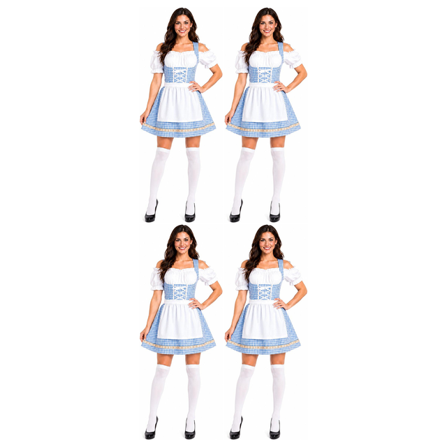 4x Womens Checkered Bavarian Lady Dirndl Beer Maid Costume Bulk Pack - Blue (Oktoberfest Party)