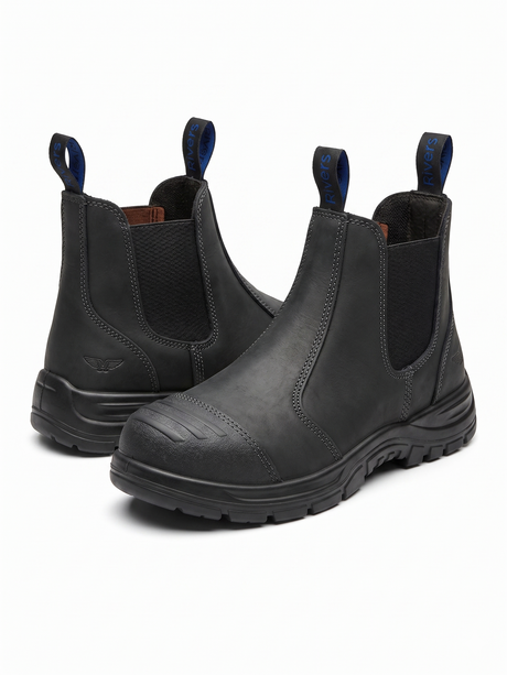 Rivers Orass Leather Steel Cap Toe Chelsea Safety Work Boots - Black (Slip On Shoes)