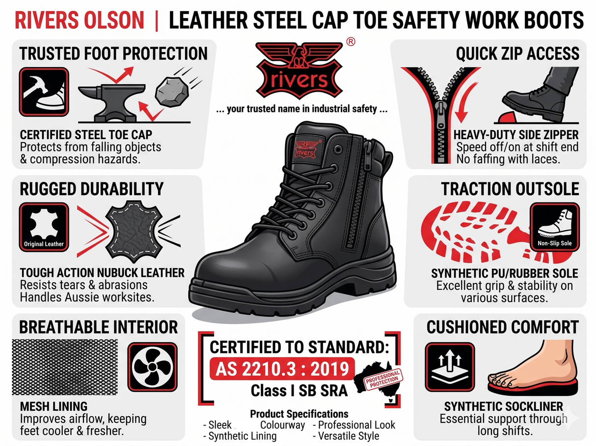 Rivers Olson Leather Steel Cap Toe Safety Work Boots  - Black (Lace-Up Shoes)
