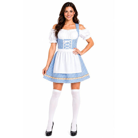 Womens Checkered Bavarian Lady Dirndl Beer Maid Costume - Blue (Oktoberfest Party)