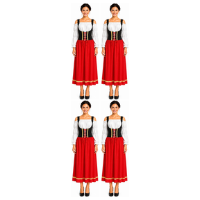 4x Womens Red/Black Long Dirndl Beer Girl Group Costume Bulk Pack - Oktoberfest Bavarian
