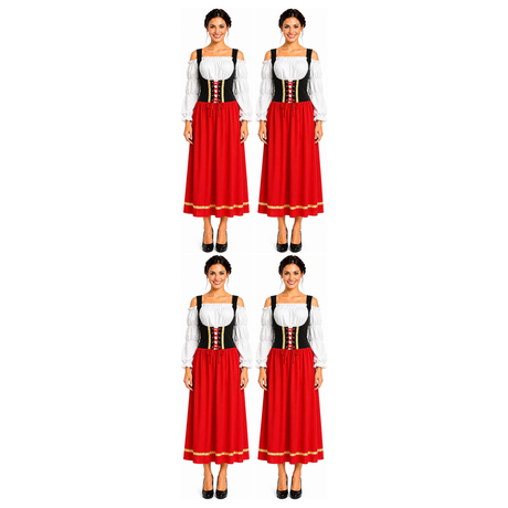 4x Womens Red/Black Long Dirndl Beer Girl Group Costume Bulk Pack - Oktoberfest Bavarian