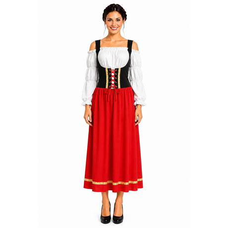 Womens Red/Black Long Dirndl Beer Girl Costume - Oktoberfest Bavarian (Halloween & Fancy Dress)