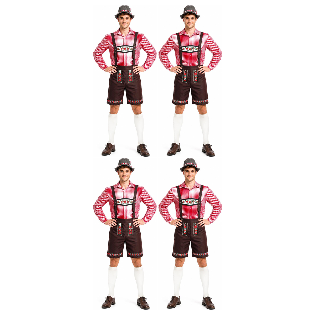 4x Mens Red Check Lederhosen Group Costume Bulk Pack - Oktoberfest Bavarian Beer Party Outfit