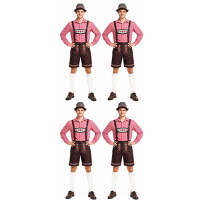 4x Mens Red Check Lederhosen Group Costume Bulk Pack - Oktoberfest Bavarian Beer Party Outfit