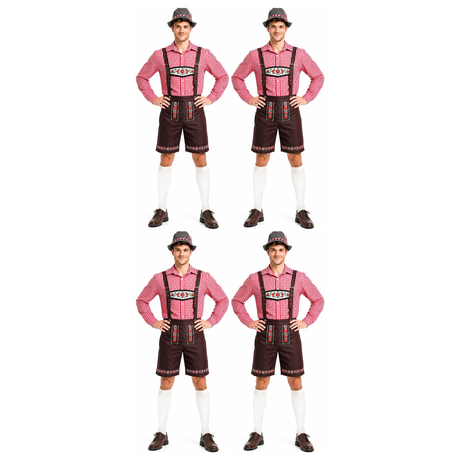 4x Mens Red Check Lederhosen Group Costume Bulk Pack - Oktoberfest Bavarian Beer Party Outfit