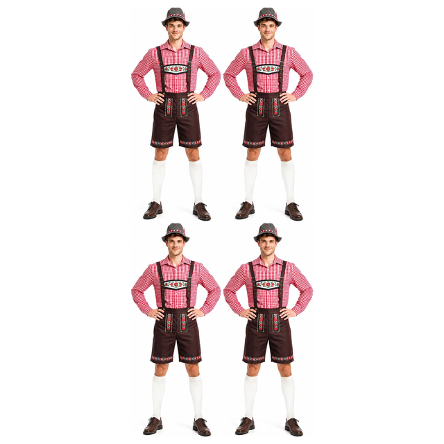 4x Mens Red Check Lederhosen Group Costume Bulk Pack - Oktoberfest Bavarian Beer Party Outfit