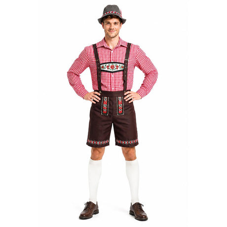 Mens Red Check Lederhosen Costume - Oktoberfest Bavarian Beer Party Outfit