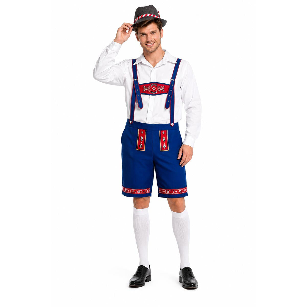 Mens Blue & Red Lederhosen Costume - Oktoberfest Bavarian Beer Party Outfit
