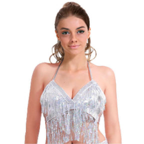 Adult Sequin Fringe Top Backless Womens Belly Dancer Costume Party in Silver