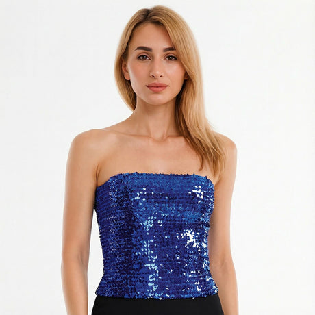 6x Blue Sequin Crop Top (Bandeau) Bulk Pack - Womens Sparkly Costume Tube (Group Costume for Fancy Dress)