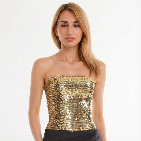 6x Gold Sequin Crop Top (Bandeau) Bulk Pack - Womens Sparkly Costume Tube (Group Costume for Fancy Dress)