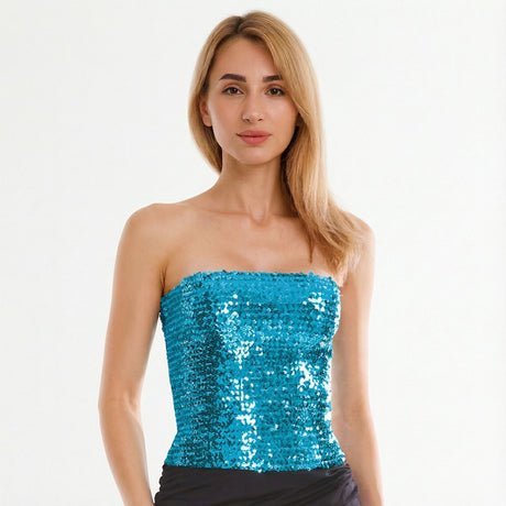6x Light Blue Sequin Crop Top (Bandeau) Bulk Pack - Womens Sparkly Costume Tube (Group Costume for Fancy Dress)