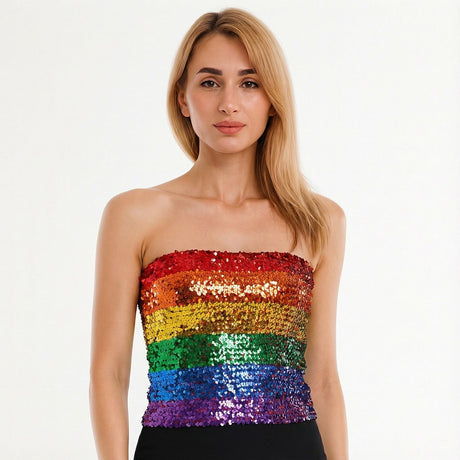 Womens SEQUIN BANDEAU CROP TOP Sparkling Sparkly Costume Tube - Rainbow