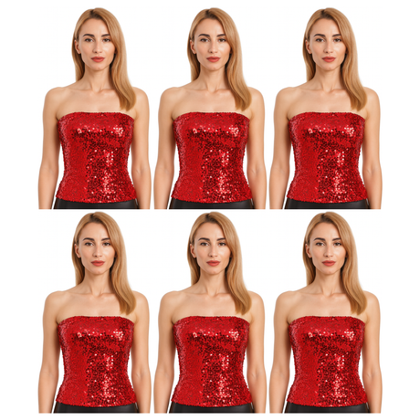 6x Red Sequin Crop Top (Bandeau) Bulk Pack - Womens Sparkly Costume Tube (Group Costume for Fancy Dress)